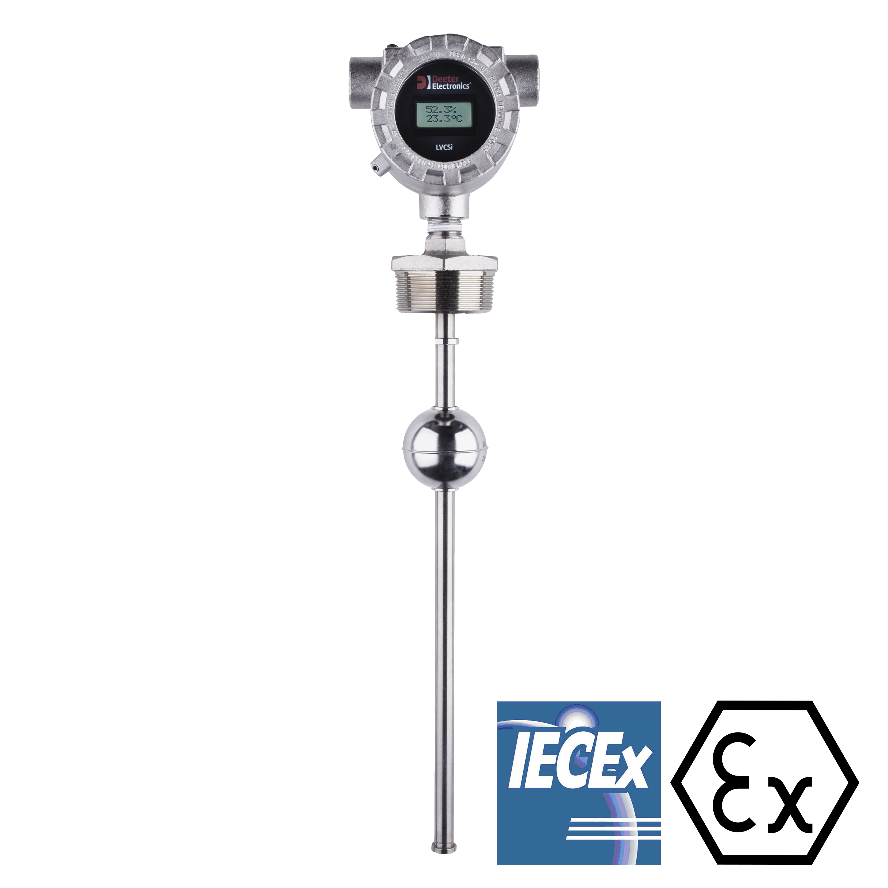 Explosion proof continuous vertical liquid level sensor with integrated display